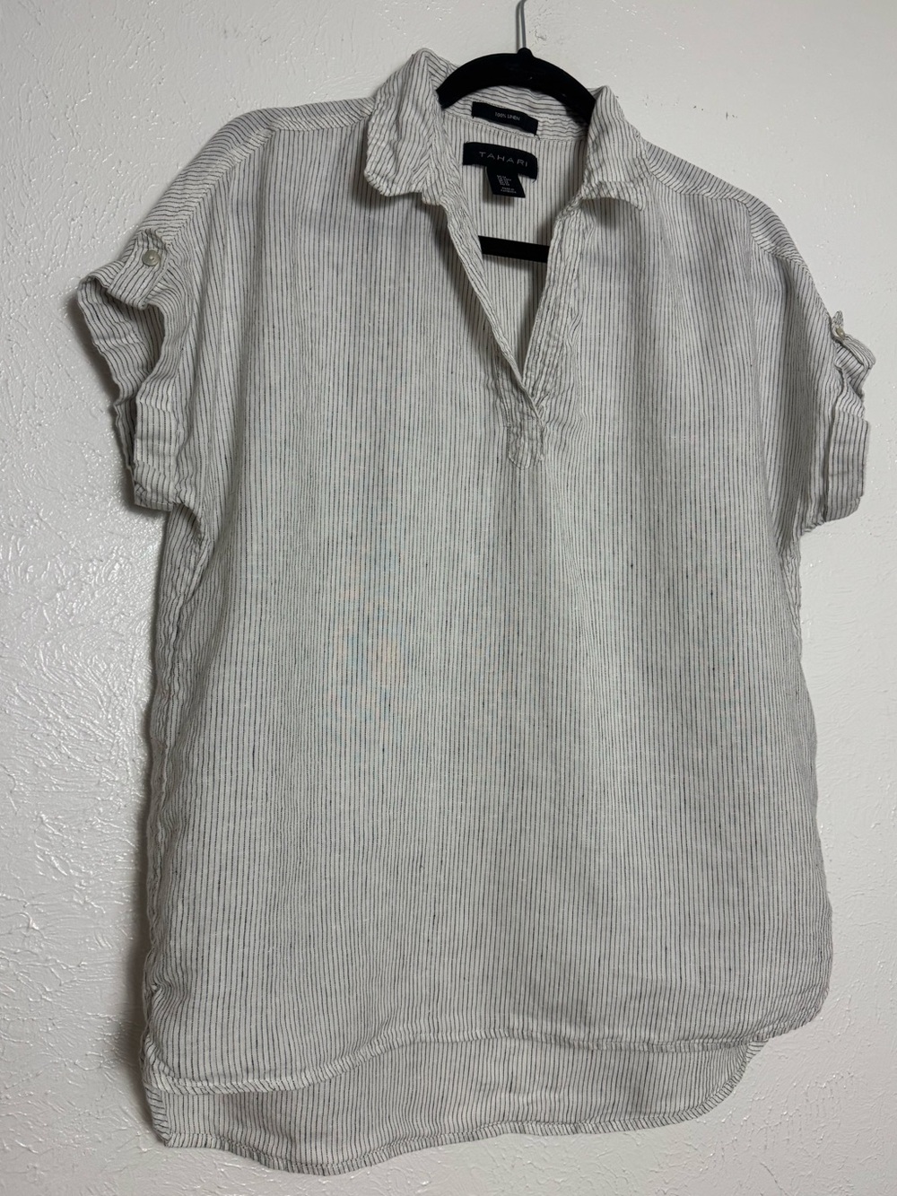 Tahari Pinstripe Collar Tilled Sleeve Round Hem Linen Blouse